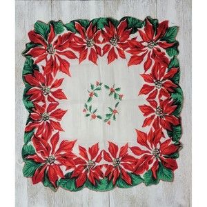 2 Vintage Handkerchief Red Poinsettia Christmas